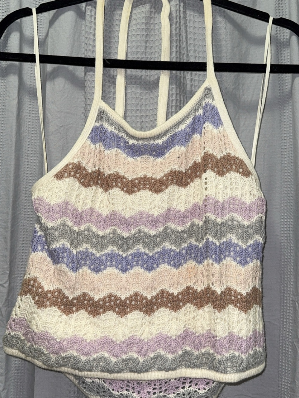 Soft Crochet Stripe Halter Tank Top in Cream, Lavender & Taupe